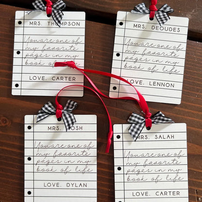 Custom Teacher Christmas Ornament - Engraved Paper