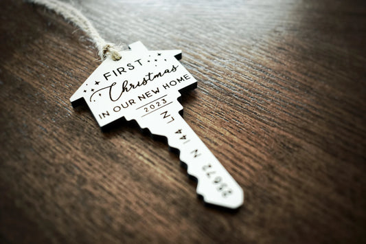 First Christmas in Our New Home Custom Last Name Key Ornament